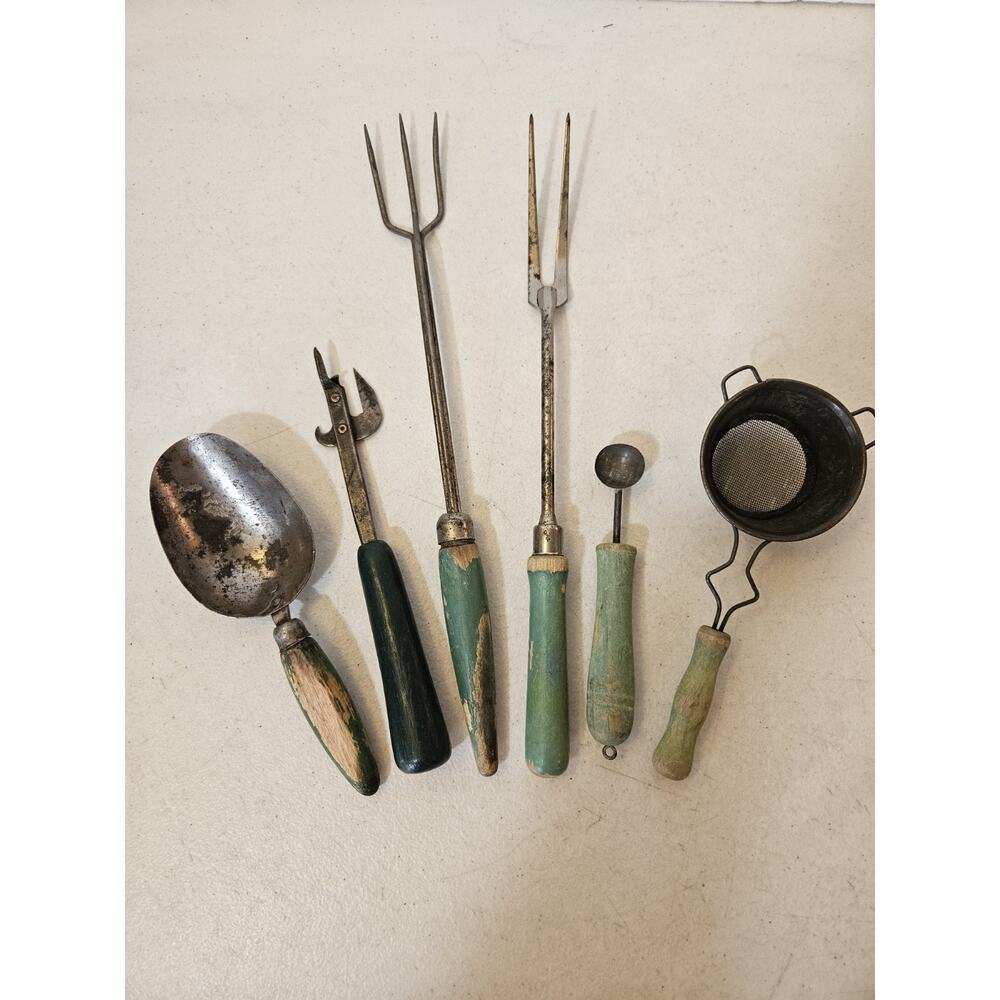 Vintage Kitchen Utensil Lot Wood Handle Scoop Forks Strainer Melon Baller Opener